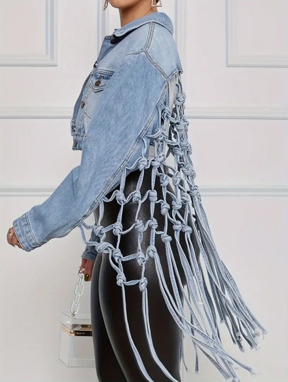 Fringed Knotted Backlight Wash Denim Jacket